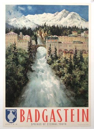 a poster of a city with a waterfall and mountains