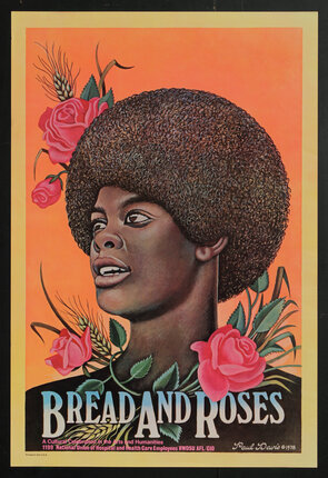 a poster of a Black woman with an afro surrounded by roses