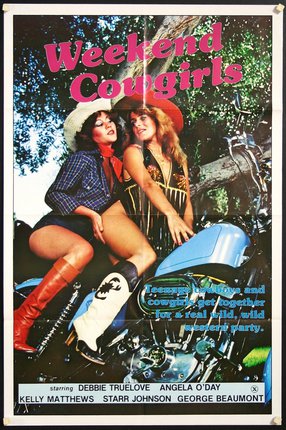 a poster of two women on a motorcycle