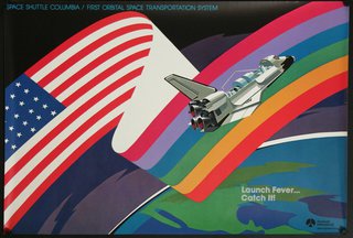 a poster of a space shuttle flying over a rainbow