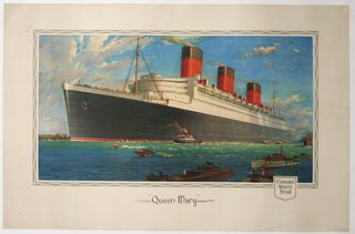 a large ship in the water with RMS Queen Mary in the background