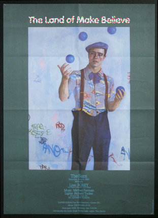 a poster of a man juggling blue balls