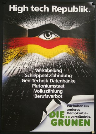 a poster with a flag and eye