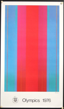a colorful striped poster with black frame
