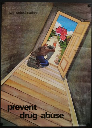 a poster of a man falling into a door