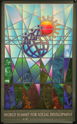 a stained glass window with a picture of a group of people