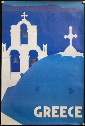a blue and white poster with bells