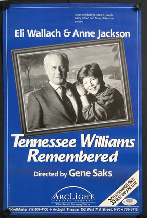 a blue and white poster with a man and woman in a picture