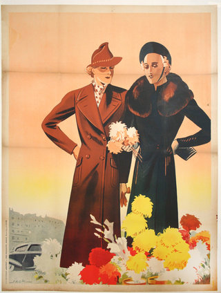 a poster of two women standing next to flowers