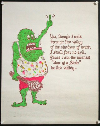 a green cartoon character with text