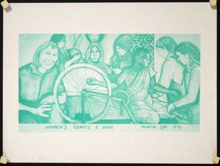 a drawing of women working on a bicycle