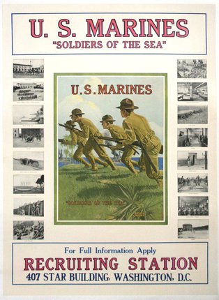 a poster with several soldiers running