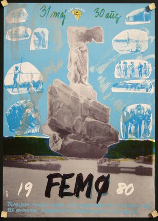 a poster with a statue and images