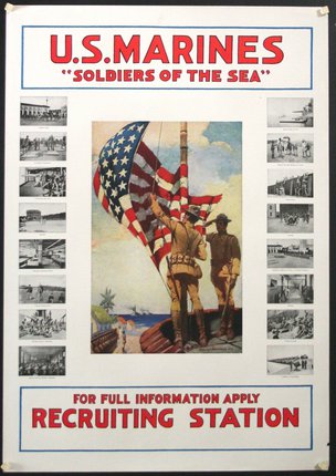 a poster with a flag and pictures