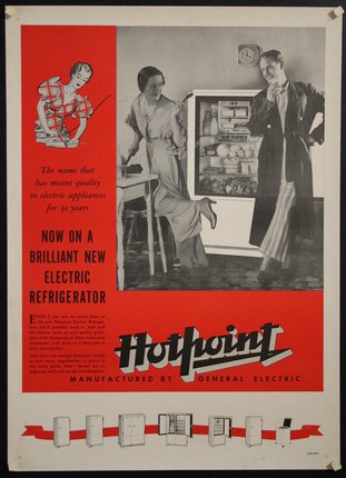 a poster of a woman and a man standing in front of a refrigerator