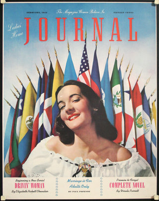 a magazine cover with a woman in front of flags