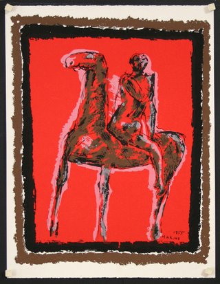 a red and black framed poster