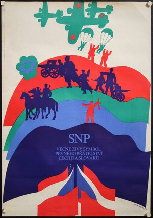 a poster with a group of people on horses and a rainbow