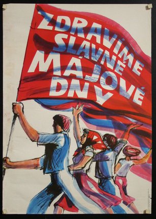 a poster with people holding a flag