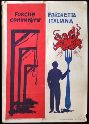 a poster of a man holding a fork with a cartoon of a demon on it