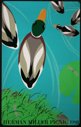 a painting of ducks swimming in water