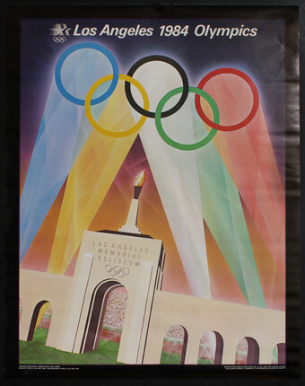 a poster of a building with a torch and colorful rings
