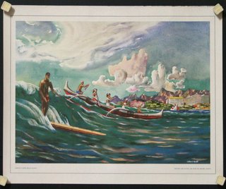 a poster of a man surfing in the ocean