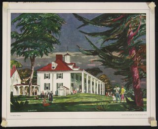 a painting of a white house with a red roof
