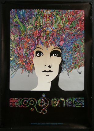 a poster with a woman's face and colorful hair