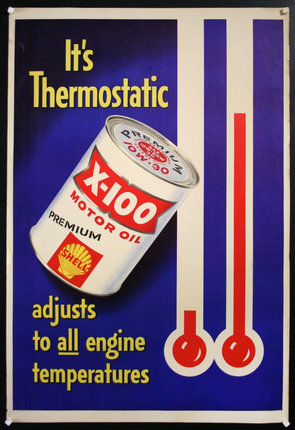 a blue and white poster with a can of oil