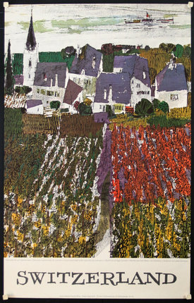 a painting of a farm and houses