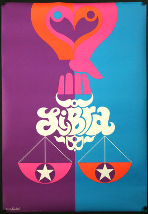 a colorful poster with a hand holding a scales and a star