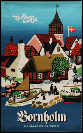 a painting of a town with boats and buildings