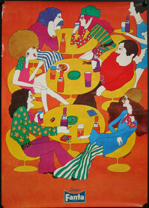 a poster of people sitting at tables