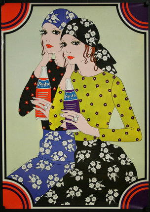 a poster of two women holding soda bottles