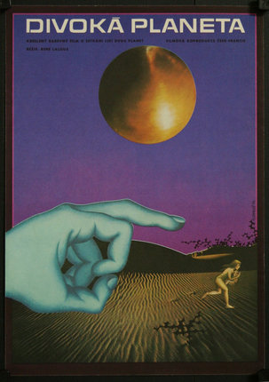 a poster with a hand pointing at a person running