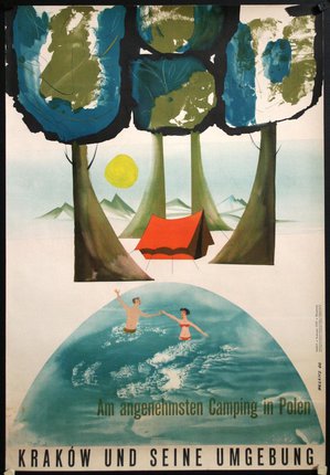 a poster of a man and woman swimming in water