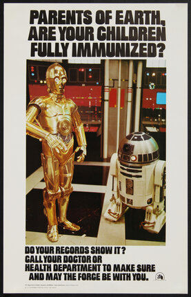 a poster with a gold robot and a silver robot