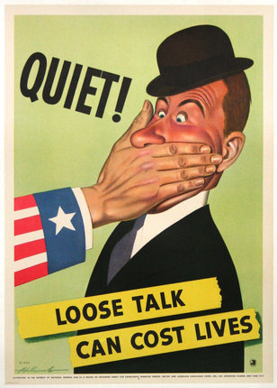 a poster with a hand covering a man's mouth