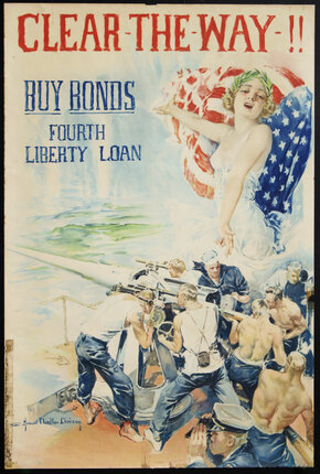a poster of a woman holding an American flag and men with a missile launcher