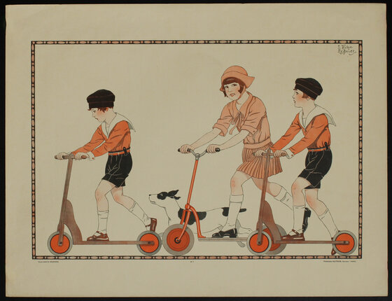 a group of children riding scooters