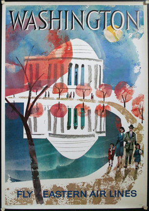 a poster of a building with people and trees