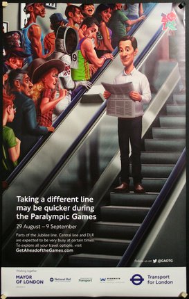 a poster of a man on an escalator