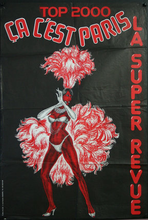 a poster with a woman in a garment and a feathered tail