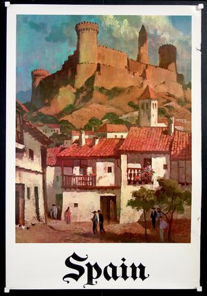 a poster of a town with a castle