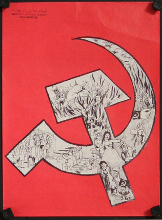 a red and black poster with a symbol and a red background