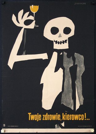 a poster of a skeleton holding a mask