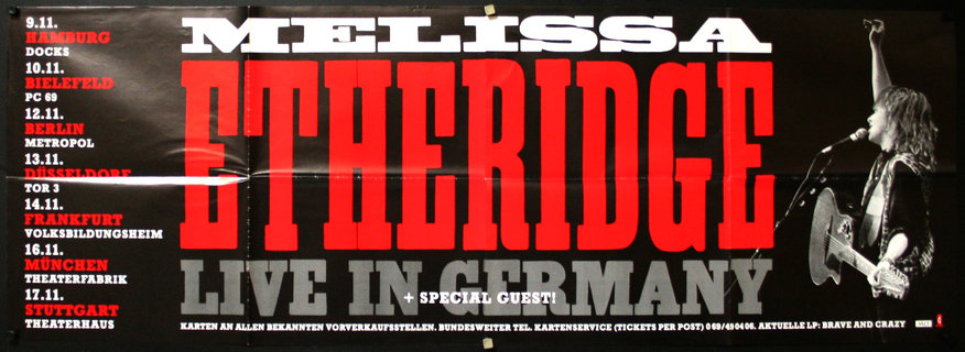 a poster with red and white text