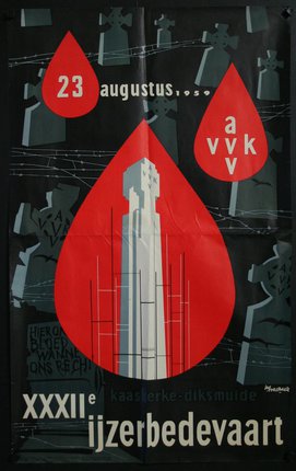a poster with a white tower and red drop
