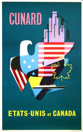 a poster of an eagle with a ship and a city